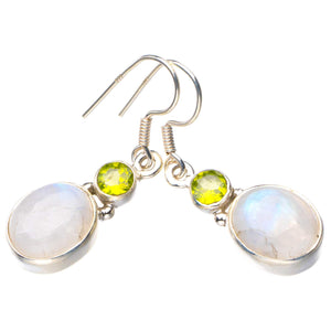 StarGems  Natural Rainbow Moonstone And Peridot Handmade 925 Sterling Silver Earrings 1.5" D6527