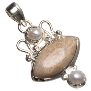 StarGems  Natural Fossil Coral and River Pearl Boho 925 Sterling Silver Pendant 1 1/2" T0019