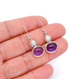 StarGems  Natural Amethyst and River Pearl Handmade Mexican 925 Sterling Silver Earrings 1 1/4" S1596