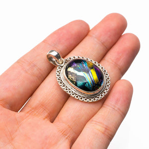 StarGems  Natural Rainbow Dichroic Glass Handmade 925 Sterling Silver Pendant 1.5" D5900