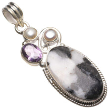 StarGems® Natural Pinolith Jasper,Amethyst and River Pearl Handmade 925 Sterling Silver Pendant 2" T2800