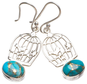 StarGems  Natural Copper Turquoise Birdcage Handmade Boho Bird Cage Shape 925 Sterling Silver Earrings 1 1/2" T4264