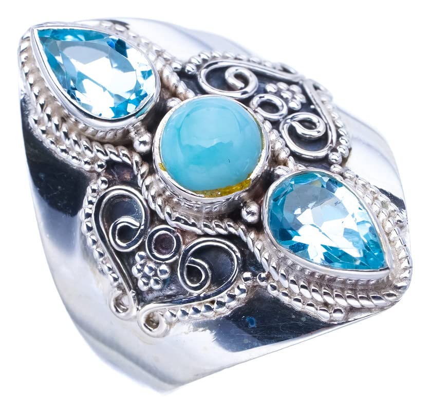 StarGems  Natural Larimar Blue Topaz Handmade 925 Sterling Silver Ring 9.75 F0896