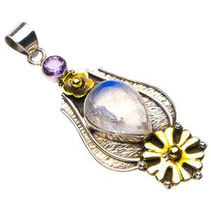 StarGems  Natural Two Tones Rainbow Moonstone And Amethyst Flower Handmade 925 Sterling Silver Pendant 2.25" D5724