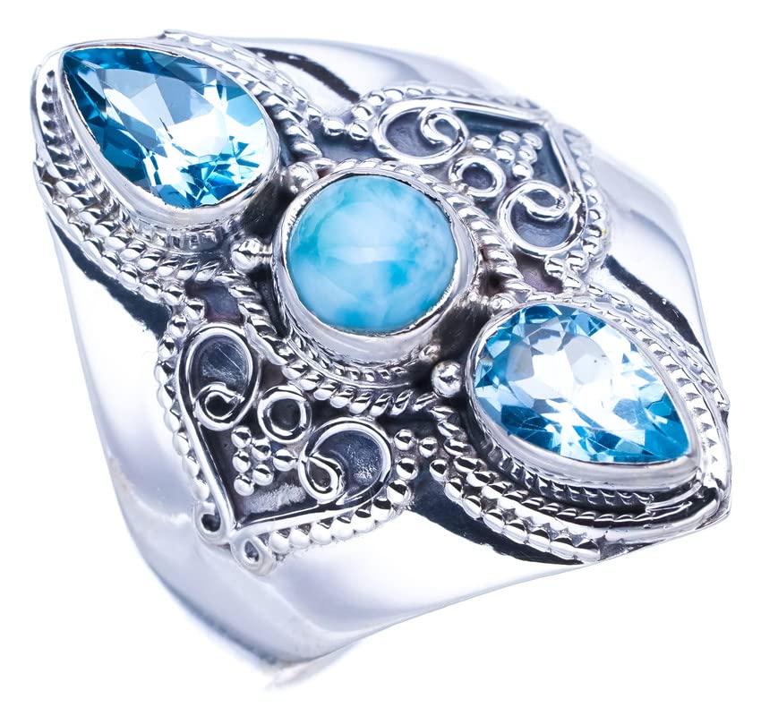 StarGems® Natural Larimar Blue Topaz Handmade 925 Sterling Silver Ring 11.75 F0687