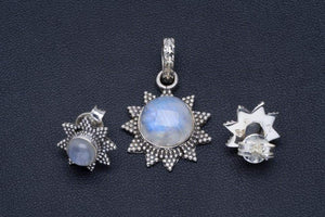 StarGems  Natural Moonstone Handmade Unique 925 Sterling Silver Jewelry Set Pendant 1.25" Studs 0.5" A3722