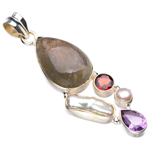 StarGems  Natural Blue Fire Labradorite,Biwa Pearl,Garnet And Amethyst Handmade 925 Sterling Silver Pendant 2.25" D5652