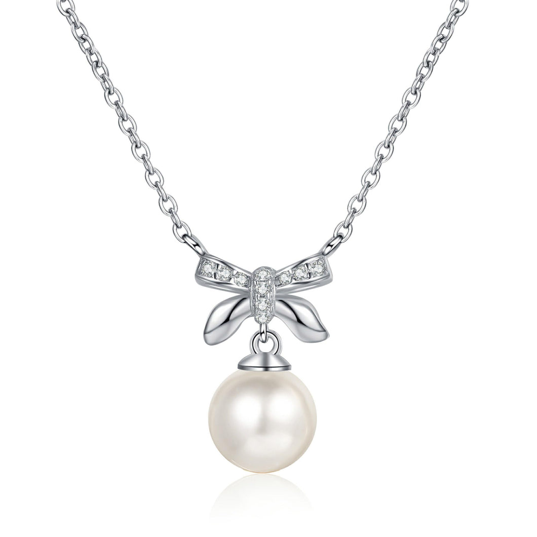 StarGems® 8mm River Pearl Bowknot 0.05cttw Moissanite 925 Silver Platinum Plated Necklace 40+5cm NX085