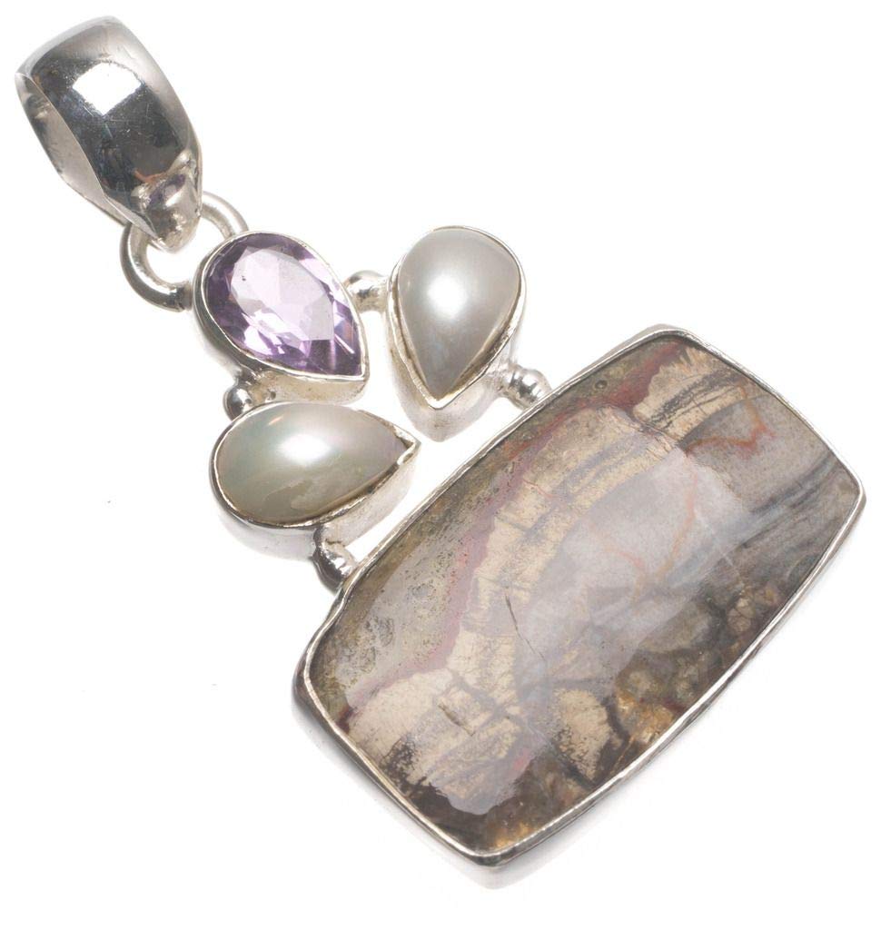 StarGems® Natural Ocean Jasper,River Pearl and Amethyst Handmade Boho 925 Sterling Silver Pendant 1 1/2