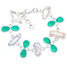 StarGems® Natural Biwa Pearl and Chrysoprase Handmade Unique 925 Sterling Silver Bracelet 6.25-7.5" A3009