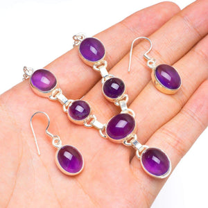 Natural Amethyst Handmade Unique 925 Sterling Silver Jewelry Set Necklace 18.5" Earrings 1.25" A3469