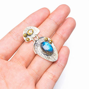 StarGems  Natural Two Tones Blue Fire Labradorite and Citrine 925 Sterling Silver Pendant 1.75" B4021