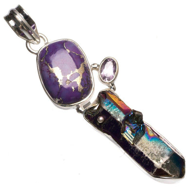 StarGems® Natural Rainbow Dichroic Glass,Copper Turquoise and Amethyst Boho 925 Sterling Silver Pendant 2 1/4