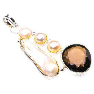 StarGems  Natural Smoky Quartz,Biwa Pearl And River Pearl Handmade 925 Sterling Silver Pendant 2" D2320