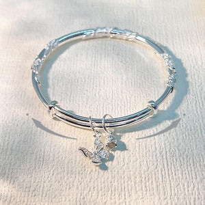 StarGems  Opening Blossom, Rose and Butterfly Handmade 999 Sterling Silver Bangle Cuff Bracelet For Women Cb0045