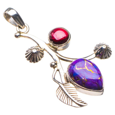 StarGems  Natural Copper Turquoise And Amethyst Leaf Handmade 925 Sterling Silver Pendant 1.75