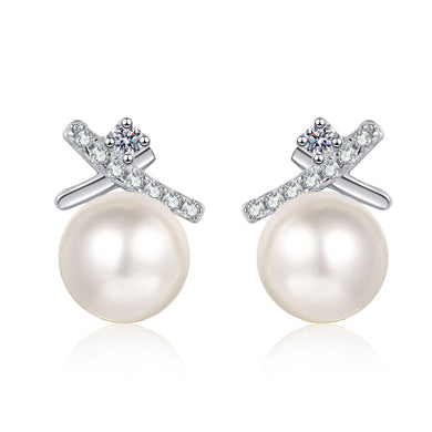 StarGems® 7mmAAAA Pearls&Cross Design 0.1cttw Moissanite 925 Silver Platinum Plated Stud Earrings EX075