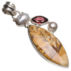 StarGems® Natural Brecciated Mookaite,Garnet and River Pearl Unique 925 Sterling Silver Pendant 2" T0348