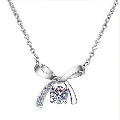 StarGems® Bowknot 0.5ct Moissanite 925 Silver Platinum Plated Necklace 40+5cm NX134