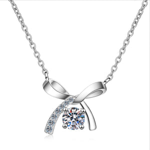StarGems  Bowknot 0.5ct Moissanite 925 Silver Platinum Plated Necklace 40+5cm NX134