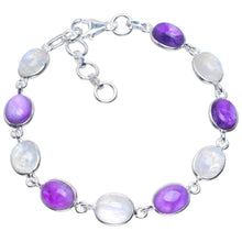 StarGems  Natural Rainbow Moonstone and Amethyst Handmade Unique 925 Sterling Silver Bracelet 7-8" B4358