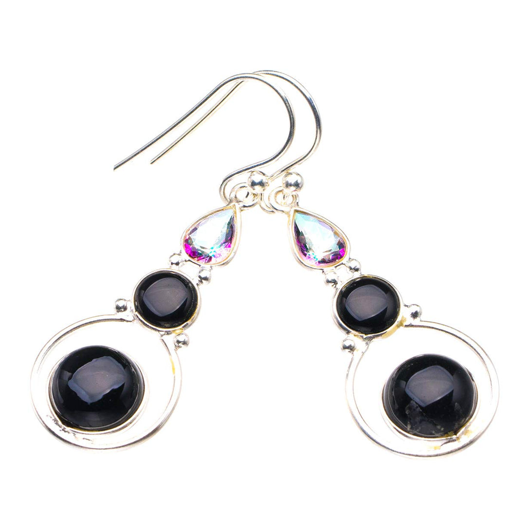 StarGems  Natural Black Onyx And Mystical Topaz Handmade 925 Sterling Silver Earrings 1.75