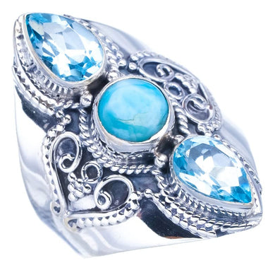 StarGems® Natural Larimar Blue Topaz Handmade 925 Sterling Silver Ring 6.75 F2798