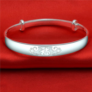 StarGems  Adjustable Carved Fu Handmade 999 Sterling Silver Bangle Bracelet For Women Cb0208