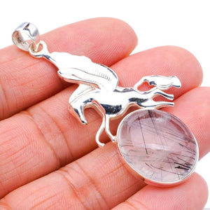 StarGems  Natural Rutilated Quartz Horse Handmade 925 Sterling Silver Pendant 2.25" F3913