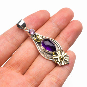 StarGems® Natural Two Tones Amethyst Flower Handmade 925 Sterling Silver Pendant 2" D5599