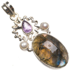 StarGems  Natural Labradorite,Amethyst and River Pearl Handmade Boho 925 Sterling Silver Pendant 2" T2334