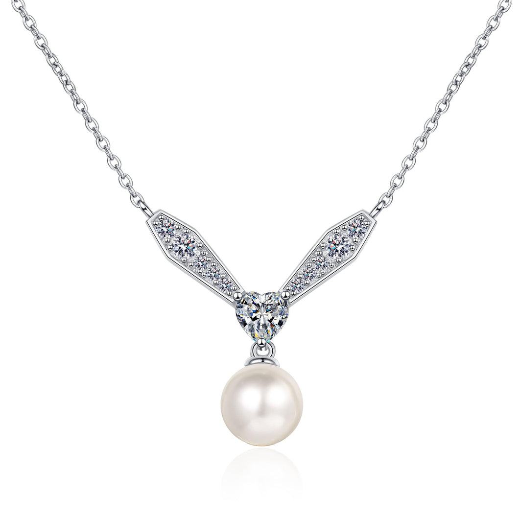 StarGems  8mm River Pearl Heart-Shape 0.77cttw Moissanite 925 Silver Platinum Plated Necklace 40+5cm NX079