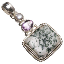 StarGems® Natural Moss Agate,Amethyst and River Pearl 925 Sterling Silver Pendant 1 3/4" T0222