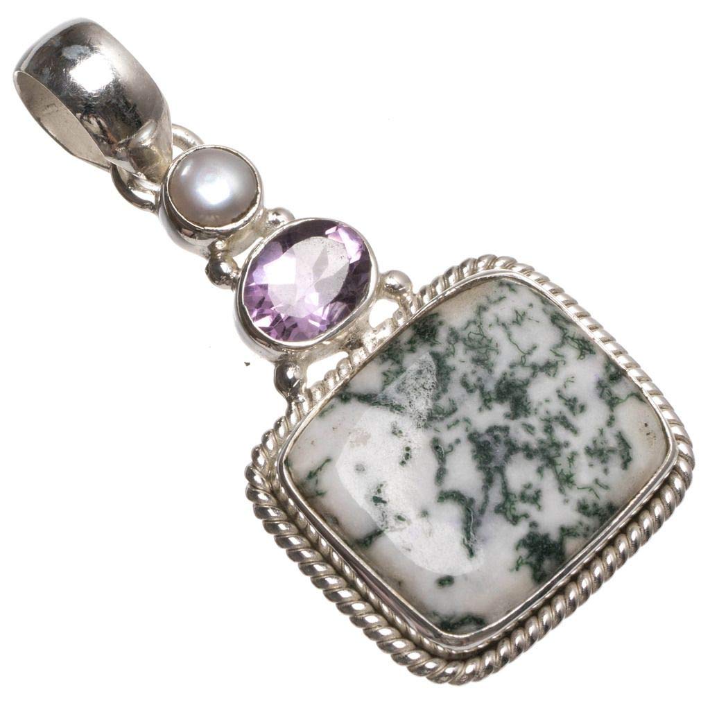 StarGems® Natural Moss Agate,Amethyst and River Pearl 925 Sterling Silver Pendant 1 3/4