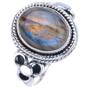 StarGems® Natural Labradorite Three Leaves Handmade 925 Sterling Silver Ring 6.25 F0197