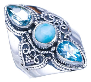 StarGems® Natural Larimar Blue TopazHandmade 925 Sterling Silver Ring 7.75 F2795