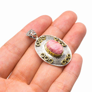 StarGems  Natural Two Tones 18K Gold Plated Rhodochrosite Handmade 925 Sterling Silver Pendant 1.75" D2318