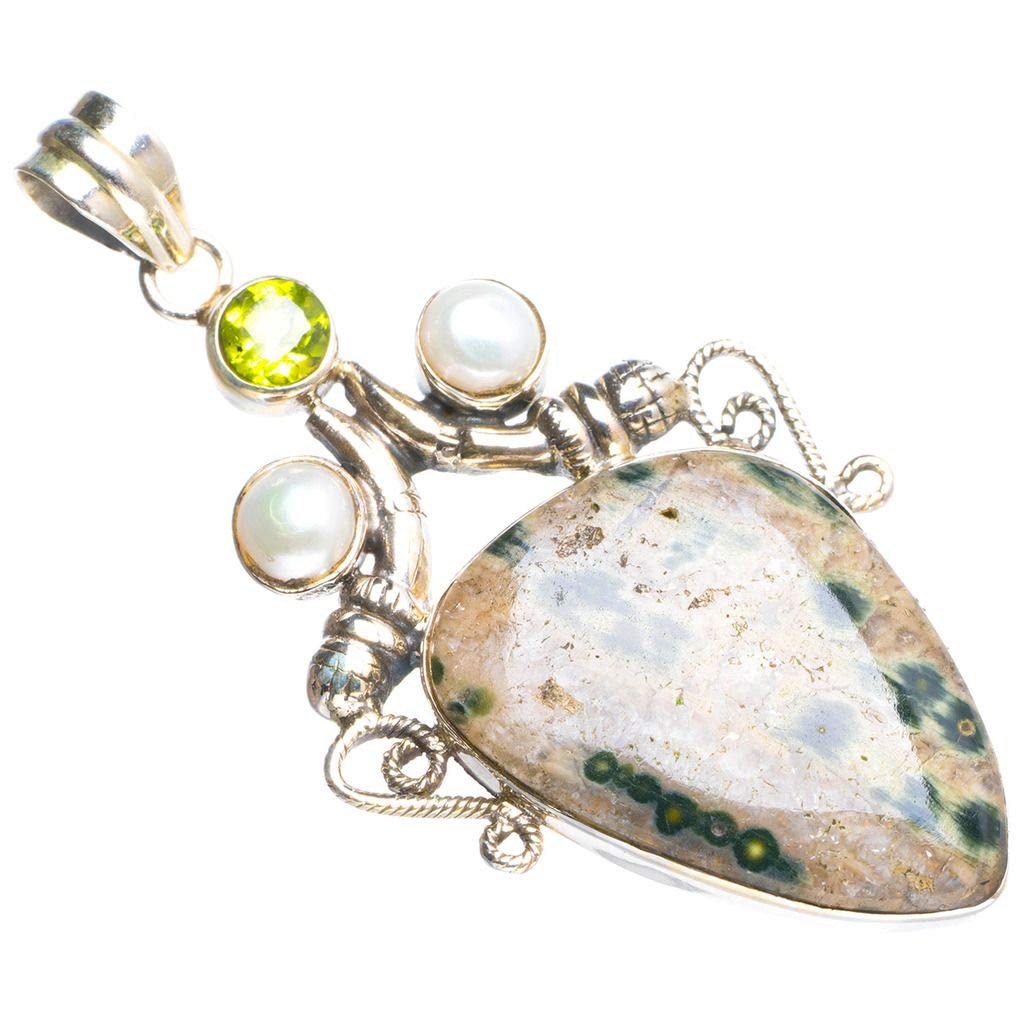 StarGems  Natural Ocean Jasper and River Pearl,Peridot Handmade Unique 925 Sterling Silver Pendant 2.25