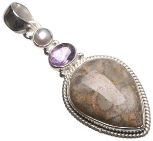 StarGems  Fossil Coral,Amethyst and River Pearl Handmade Mexican 925 Sterling Silver Pendant 2" T2181