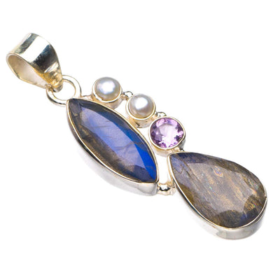 StarGems  Natural Blue Fire Labradorite,River Pearl And Amethyst Handmade 925 Sterling Silver Pendant 1.75