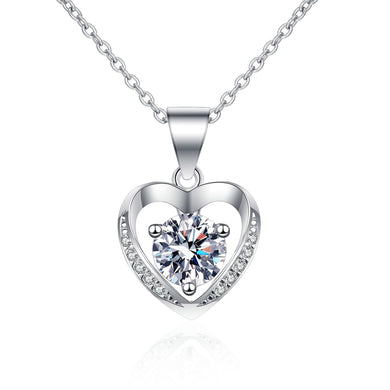 StarGems® Hollow-Out Heart Shape Three Prong 1ct Moissanite 925 Silver Platinum Plated Necklace 40+5cm NX096