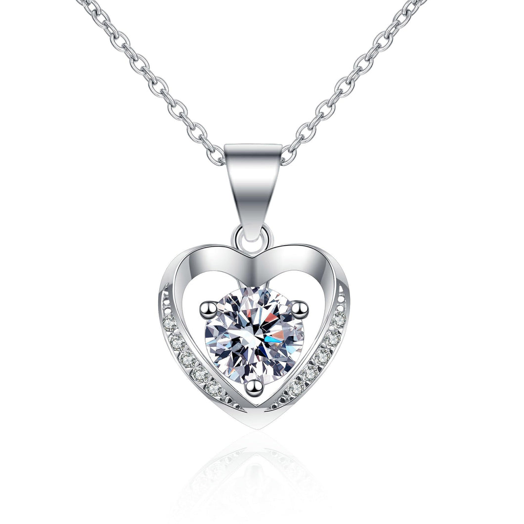 StarGems® Hollow-Out Heart Shape Three Prong 1ct Moissanite 925 Silver Platinum Plated Necklace 40+5cm NX096