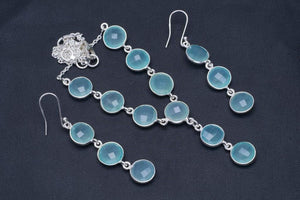 StarGems  Natural Chalcedony Handmade Unique 925 Sterling Silver Jewelry Set Necklace 17.5" Earrings 2.5" A3605