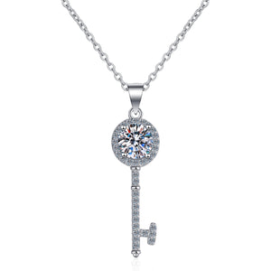 StarGems® Four Prong Round Key 1ct Moissanite 925 Silver Platinum Plated Necklace 40+5cm NX053