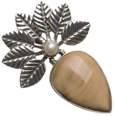 StarGems® Natural Imperial Jasper and River Pearl Leaf Vintage Leaf Shape 925 Sterling Silver Pendant 1 1/2