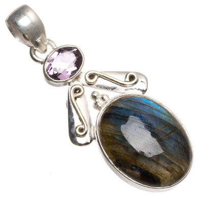 StarGems® Natural Labradorite and Amethyst Handmade Mexican 925 Sterling Silver Pendant 2