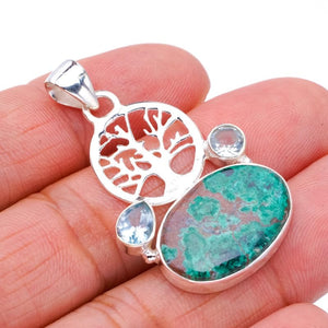 StarGems  Natural Chrysocolla Blue Topaz Tree Handmade 925 Sterling Silver Pendant 1.75" F4821