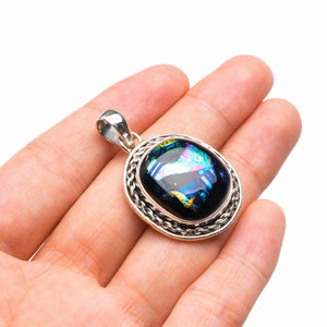 StarGems  Natural Rainbow Dichroic Glass Handmade 925 Sterling Silver Pendant 1.5" D1857