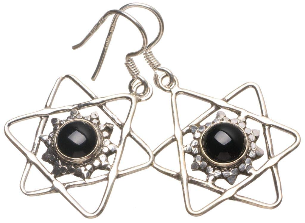 StarGems® Natural Black Onyx Handmade Unique Fivestar Shape 925 Sterling Silver Earrings 1 1/2