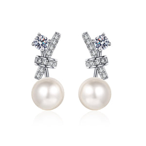 StarGems® 9mm AAAA Pearls&Cross Design 0.72cttw Moissanite 925 Silver Platinum Plated Stud Earrings EX071